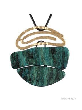 Leather Chunky Pendant Necklace with Gold-Tone Details - Long Boho Cord Necklace